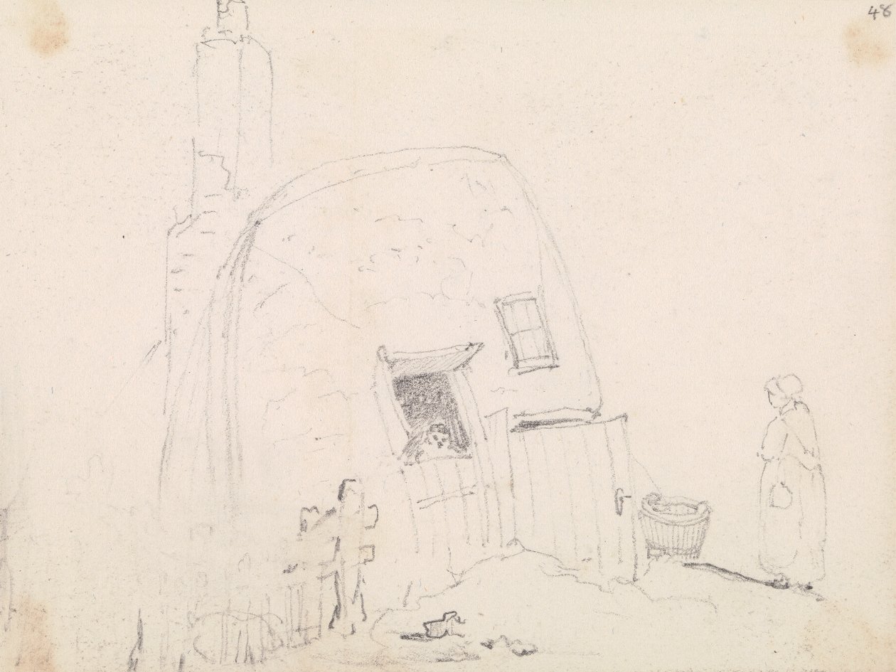 Dibujo de una mujer cerca de una cabaña de Capt. Thomas Hastings