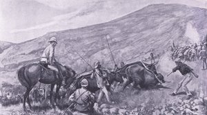 Dificultades de transporte en Barberton: Cómo se subieron los cañones y los carros por las montañas, ilustración de Después de Pretoria: La Guerra de Guerrillas, 1902