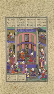 Manuchihr da la bienvenida a Sam pero ordena la guerra contra Mihrab, Folio 80v del Shahnama..., c. 1525