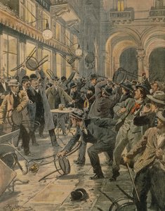 Huelga general de trabajadores en Milán, disturbios en la Galleria Vittorio Emanuele II, por Achille Beltrame, ilustración, Ilustrador Achille Beltrame, de La Domenica del Corriere