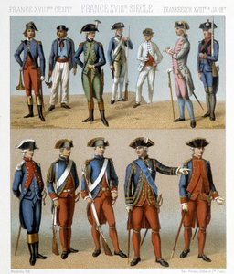 Trajes militares franceses en el siglo XVIII. Ilustración en "El traje histórico" de Racinet