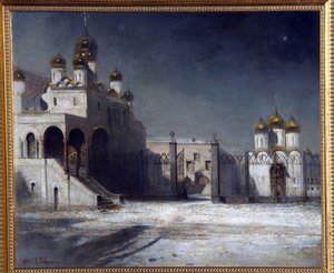 Plaza de la Catedral en el Kremlin de Moscú por la noche. (La Plaza de la Catedral en el Kremlin de Moscú por la noche). Pintura de Alexei Kondratyevich Savrasov (Savrasov) (1830-1897), óleo sobre lienzo