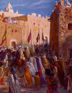 Ilustración de guerreros árabes musulmanes saliendo de una ciudad para embarcarse en la Yihad o Guerra Santa. por Nasreddine Dinet (Alphonse-Étienne Dinet). 1861 1929. Pintor orientalista francés. 1918.