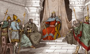 Rey Cariberto (521-567) en Consejo con Magistrados - Cariberto o Chereberto, rey de París (561-567) celebrando consejos, o impartiendo justicia - Grabado de 1825 en “Histoire de France represented by synoptic paintings dediee to the children of France and