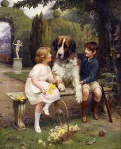Niños con un San Bernardo