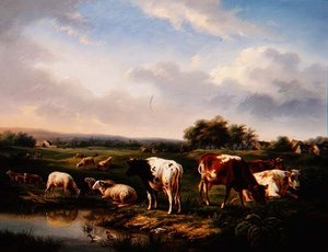 Ganado y ovejas en un paisaje (uno de un par)