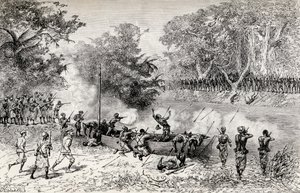 La expedición de socorro de Emin Pasha de Sir Henry Morton Stanley siendo atacada por caníbales Avisibba con flechas envenenadas, 1890 de Edouard Riou
