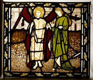 Amor y Alcestis, panel de Morris & Co. de la "Leyenda de las Buenas Mujeres" por Geoffrey Chaucer, 1864