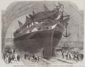 Lanzamiento del barco de guerra a vapor de tornillo de Su Majestad, James Watt (90 cañones), en el astillero real de Pembroke