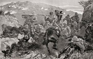 Un piquete del 13º de Húsares sorprendido cerca del río Tugela, en Hussar Hill, provincia de KwaZulu-Natal, durante la segunda guerra bóer, de "South Africa and the Transvaal War", de Louis Creswicke, publicado en 1900 (litografía).