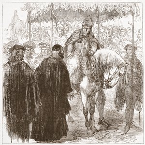 Arzobispo Arundel en Oxford, ilustración de La Historia del Protestantismo de James Aitken Wylie, pub. 1878