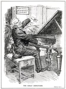 Caricatura satírica de Lloyd George como el Gran Improvisador o líder de los Improvisa-Tories, junio de 1920