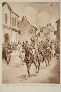 General Sir Pertab Singh liderando a los lanceros de Jodhpur a través de un pueblo francés, 1914-19