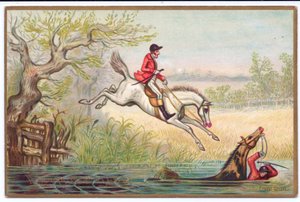 Tarjeta de Año Nuevo victoriana de una cacería de zorros con un cazador y su caballo cayendo en el río, c.1880