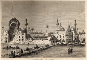 Un puente de barcos en Bagdad, dibujo de Eugene Flandin (1809-1876) para ilustrar su viaje a Mesopotamia en 1840-1842. Grabado en "Le tour du monde" 1861. Colección de Selva. de Eugene Flandin