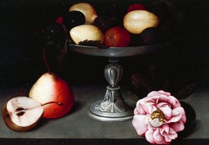 Puesto con ciruelas, peras y una rosa, hacia 1602, por Fede Galizia (1578-1630)