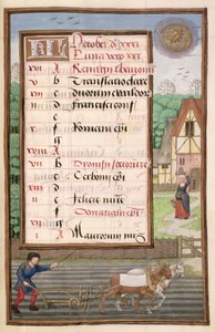Ms 1058-1975 f10r Arando con Dos Caballos, página de calendario iluminada para octubre, de un Libro de Horas, c.1500