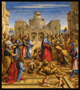 San Juan Capellán (Juan V de Alejandría o Juan de Chipre) (556-619), patriarca ortodoxo de Alejandría, distribuyendo dinero a los pobres en las calles de la ciudad - Juan el Misericordioso en Alejandría - Pintura de Francesco di Bernardo de Vecchi santacr