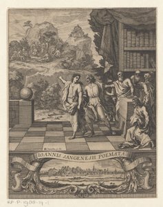 Una figura femenina alegórica señala a un joven en el Monte Parnaso
Portada de: Jean de Saint-Genies, Ioannis Sangenesii Poëmata, 1654