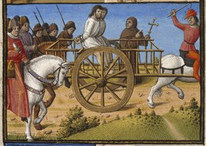 Harley 4375, f.140 Dos prisioneros en un carro siendo llevados a la ejecución, acompañados por un sacerdote, ilustración de "Les Faits et les Dis des Romains et de Autres Gens" (o "Memorabilia") de Valerius Maximus, París