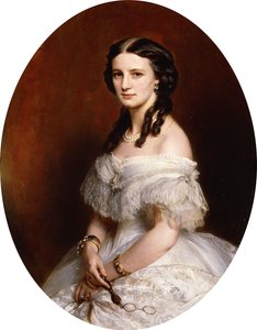Retrato de una dama, medio cuerpo, con un vestido blanco y sosteniendo un par de lentes