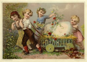 Niños tirando de un enorme huevo de Pascua