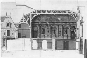 Sección transversal sur-norte del Gran Salón y la Sala de Diana del Chateau de Versailles construidos por Louis Le Vau