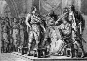 A la muerte de Clotario I, Rey de los Francos, sus cuatro hijos recibieron cada uno una parte del reino. Sus nombres son Cariberto I (ca. 520-567), Gontrán I (ca. 545-592), Sigeberto I (535-575) y Chilperico I (ca. 539-584). Grabado
