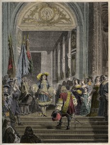 Recepción del Gran Condé en Versalles por Luis XIV - escalera de los embajadores - Recepción del Gran Condé (Luis II de Borbón Condé) por el Rey de Francia Luis XIV en Versalles en 1674. grabado en “PATRIE” - DESCRIPTION PICTURESQUE DE LA FRANCE