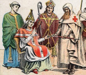 Trajes religiosos en la Edad Media: de la g a la d un sacerdote del siglo X, un papa en el siglo XI, un eveque (con mitra y culata) al siglo XII y un miembro de la Orden de los Hospitalarios (Orden de San Juan de Jerusalén) - Traje religioso