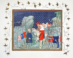 Ricardo II traicionado en Penmaur Rhos y hecho prisionero por el Duque de Northumberland, copia facsímil de Le Prinse et Mort du Roy Richart por Jean Creton, reimpreso en el siglo XIX