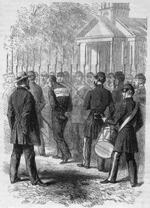 Guerra de Secesión (1861-1865) o Guerra Civil Americana: castigo de un soldado del ejército del norte acusado de cobardía en combate. Con las manos atadas, un cartel de “Cobarde” en su espalda, cruza el campamento al sonido del tambor. Grabado en “Le Monde