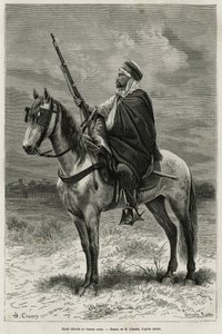 Spahi, jinete eficiente y temido que contribuye a la conquista de Argelia, al servicio de Francia, destacado en la oficina árabe, grabado según un dibujo de H.Charles, para ilustrar la historia Tebessa y sus monumentos (Argelia), por A. Heron de Villefosse