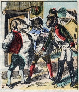 El león enfermo y el zorro. Fábulas de Jean de La Fontaine (1621-95). Imágenes de Epinal de finales del siglo XIX.