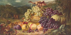 Naturaleza muerta con frutas en un paisaje, una partida de caza más allá, 1859