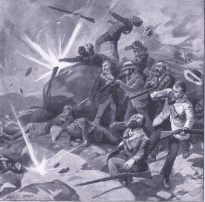 La última resistencia de la policía de Johannesburgo en Bergendal, ilustración de Después de Pretoria: La Guerra de Guerrillas, 1902