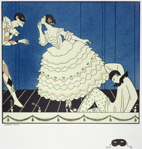 Tamara Karsavina (1885-1978) como Columbine, Vaslav Nijinsky (1890-1950) como Arlequín y Adolph Bolm (1884-1951) como Pierrot en el "Carnaval" de Fokine en 1910, pub. 1914 (impresión en pochoir)