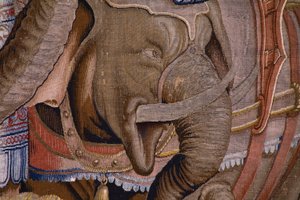 Tapiz flamenco. Serie Las Actas de Escipión: La batalla de Zama. Dibujante Giulio Romano. Atelier de Balthasar van Vlierden (?), Bruselas. 1523-1532. Detalle.