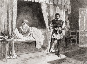 Una escena de la obra de William Shakespeare Otelo, Acto V, Escena 2, Desdémona: ¿Hablas de matar? Otelo: Sí, lo hago, de Las obras de William Shakespeare, publicada en 1896