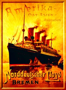 "América - Asia Oriental - Australia", cartel publicitario de la línea Lloyd de Alemania del Norte