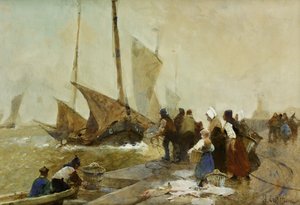 Un muelle ocupado en Bretaña con barcos de pesca regresando