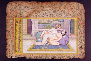 Escena erótica en un lujoso boudoir, pintura en miniatura de Rajastán