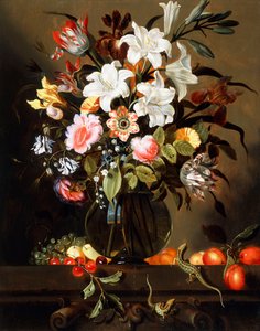Un ramo de flores con frutas y dos lagartijas de arena en un borde de piedra, 1647