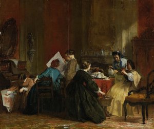 Grupo de mujeres mirando fotografías estereoscópicas, c.1868