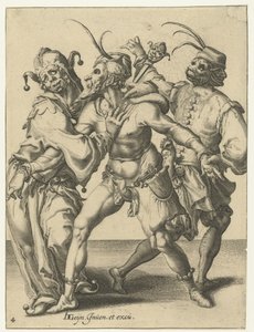 tres hombres bailando Las Mascaradas (título de la serie)