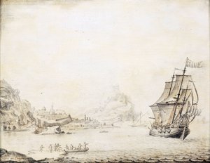 Un barco británico frente a las costas de Satalia (Turquía), en 1677, rodeado de una costa rocosa, con antiguas murallas y minaretes. Óleo sobre madera