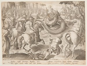 El Cónsul Romano Atílio Régulo Luchando contra una Serpiente Africana Gigante, lámina 25 de la serie Venationes Ferarum de Jan van der Straet, called Stradanus