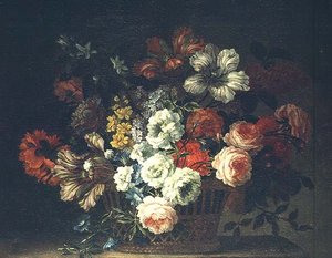 Naturaleza muerta con flores en una cesta