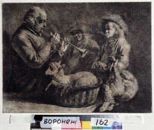 ""El oboísta"" (oboist) Un músico tocando el oboe frente a dos pastores. Xilografía por Jean Jacques de Boissieu (1736-1810) 1772 Ivan Kramskoy (o Kramskoi) Museo de Bellas Artes de Voronezh (Voronezh), Rusia. de Jean Jacques de Boissieu