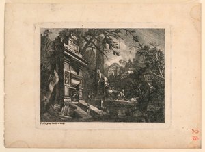 Fantasía Arquitectónica con Tumba y Ruinas, Placa de "Rovine Inventione de Giovan. Loren, Legeay Architet. Intagliate da lui stesso in Luce 1768"
